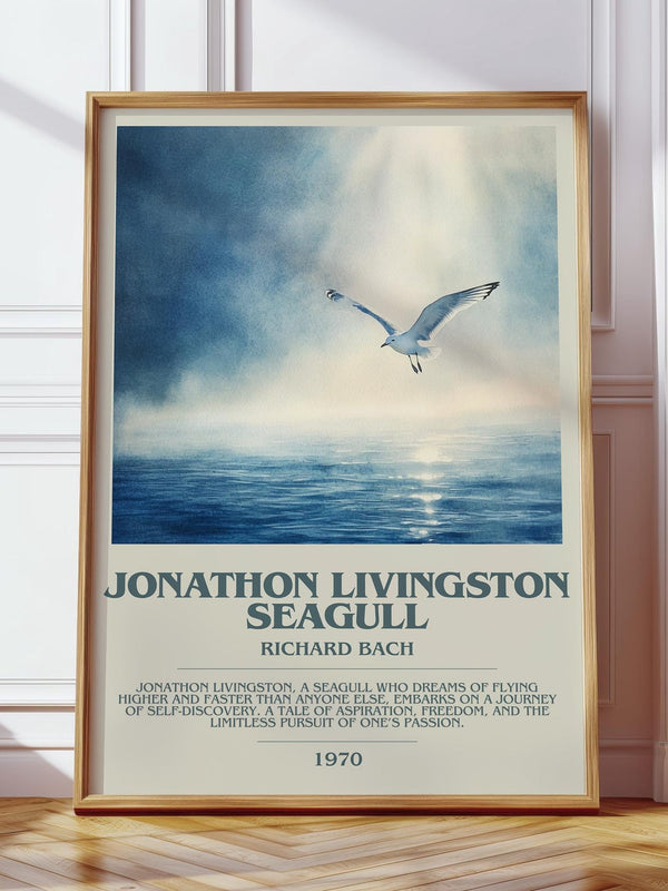 Jonathan Livingston Seagull bookish print in frame leaning in hallway – literary fiction wall art