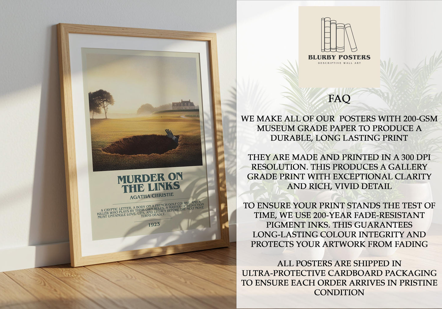 Murder On The Links by Agatha Christie Descriptive Poster Print. Free Delivery Wall Art Author & Blurb Book Artwork Novel Modern Gift