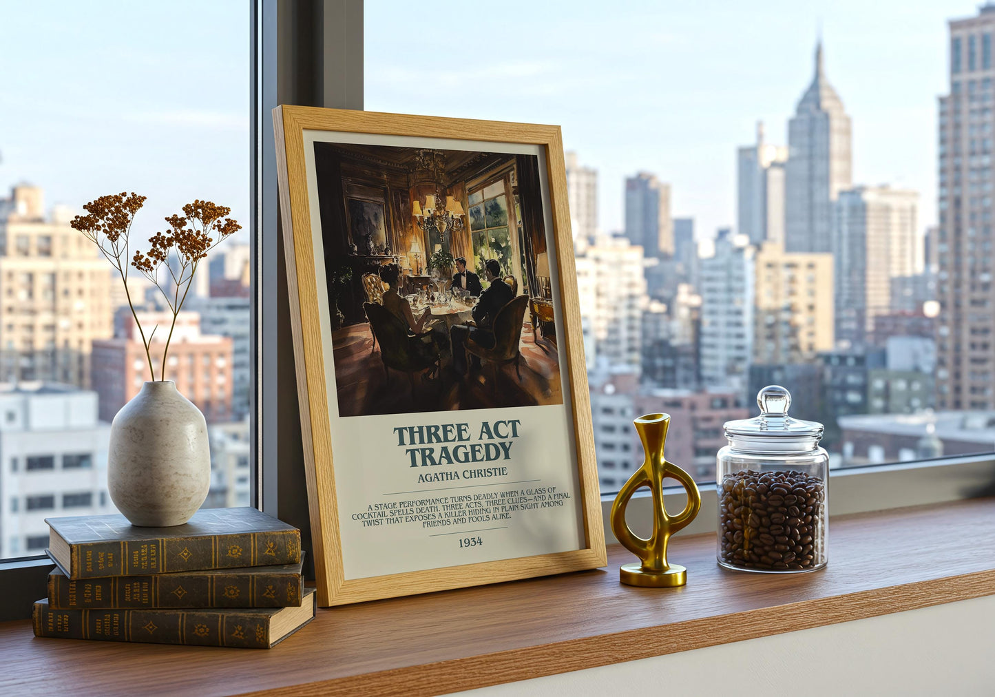 Three Act Tradegy by Agatha Christie Descriptive Poster Print. Free Delivery Wall Art Author & Blurb Book Artwork Novel Modern Gift