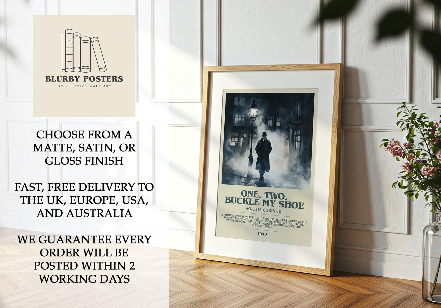 One, Two, Buckle My Shoe by Agatha Christie Descriptive Poster Print. Free Delivery Wall Art Author & Blurb Book Artwork Novel Modern Gift