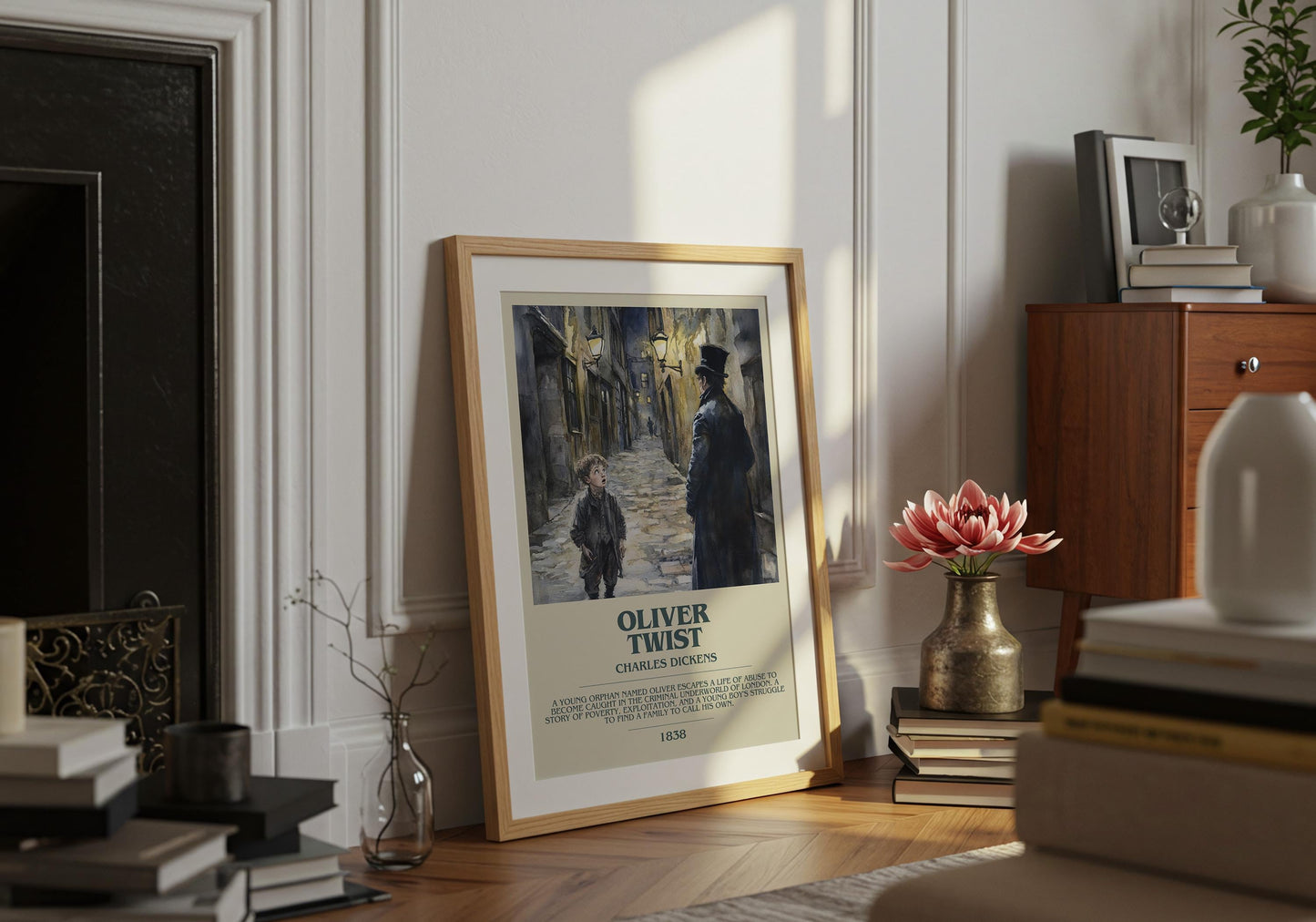 Oliver Twist by Charles Dickens Descriptive Poster Print. Free Delivery Wall Art Author & Blurb Book Artwork Novel Modern Gift