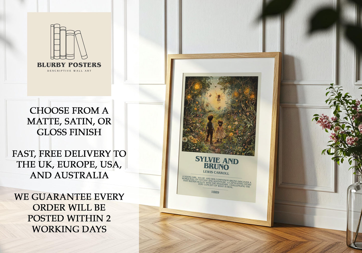 Sylvie and Bruno by Lewis Carroll Descriptive Poster Print. Free Delivery Wall Art Author & Blurb Book Artwork Novel Modern Gift