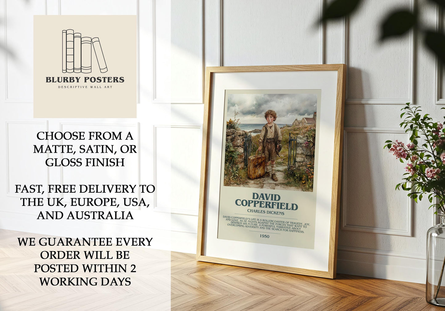 David Copperfield by Charles Dickens Descriptive Poster Print. Free Delivery Wall Art Author & Blurb Book Artwork Novel Modern Gift
