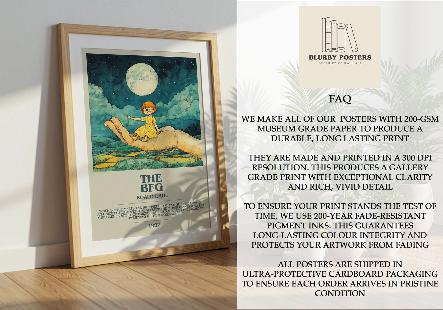 The BFG by Roald Dahl Descriptive Poster Print. Free Delivery Wall Art Author & Blurb Book Artwork Novel Modern Gift