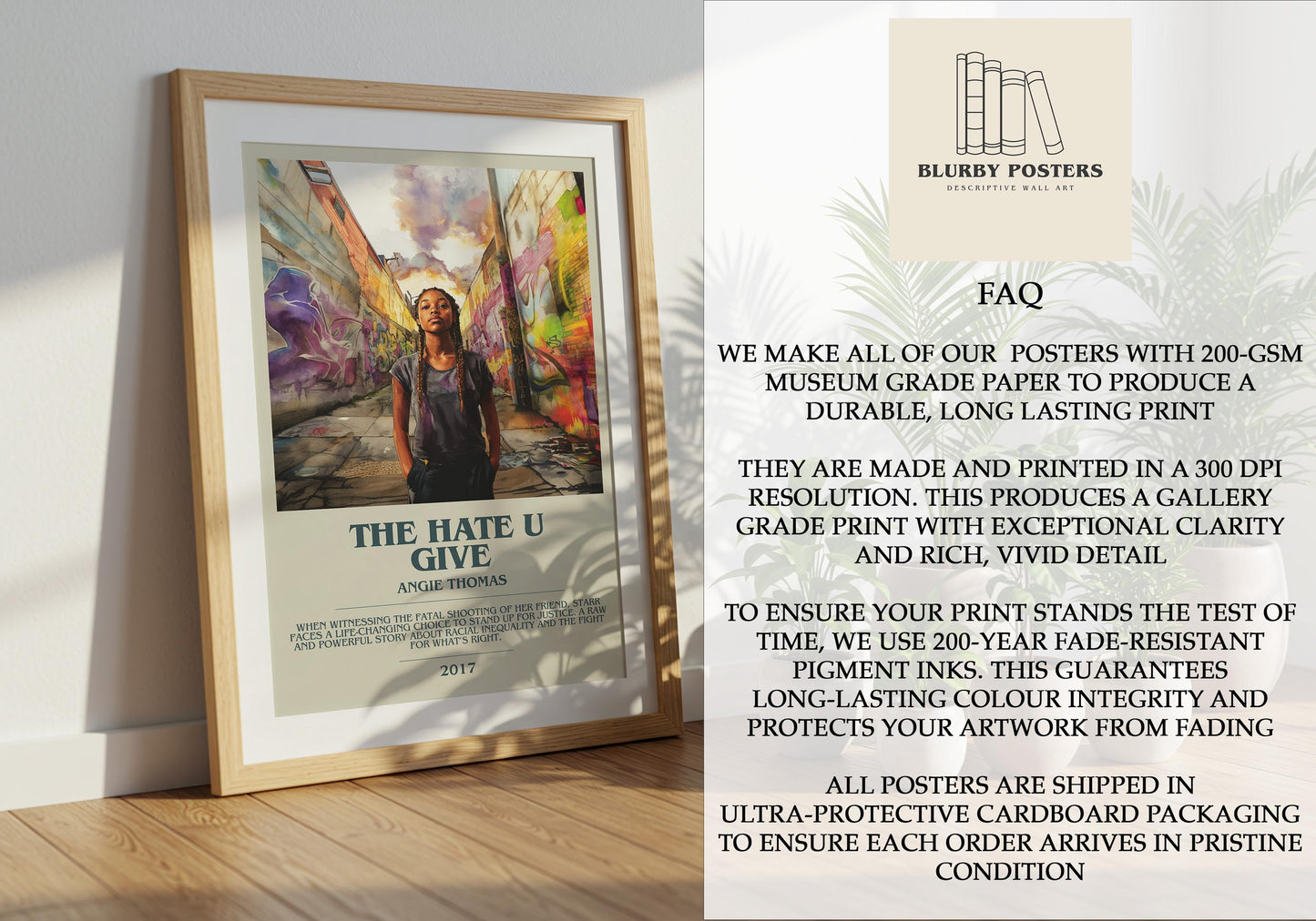 The Hate You Give by Angie Thomas Descriptive Poster Print. Free Delivery Wall Art Author & Blurb Book Artwork Novel Modern