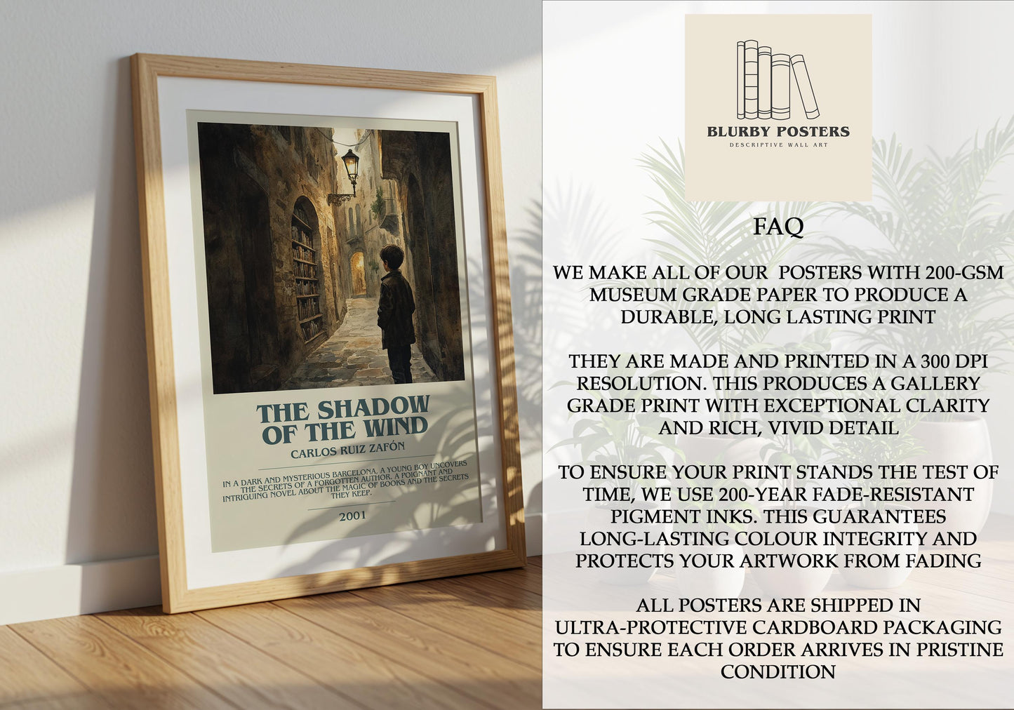 The Shadow Of The Wind by Carlos Ruiz Zafon Descriptive Poster Print. Free Delivery Wall Art Author & Blurb Book Artwork Novel Modern