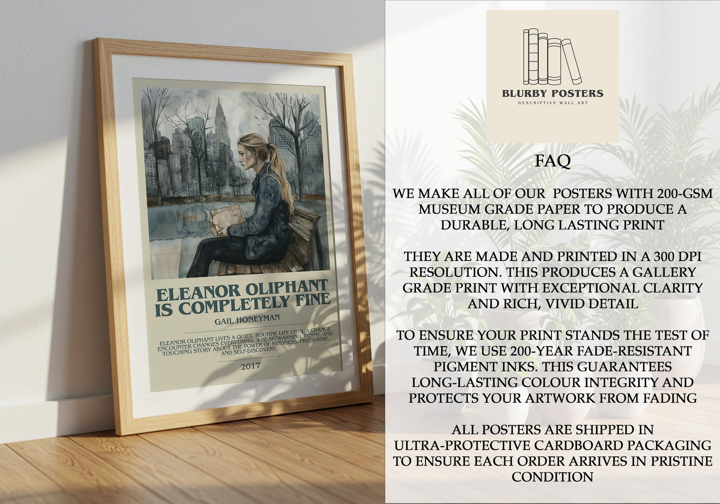 Eleanor Oliphant Is Completely Fine by Gail Honeyman Descriptive Poster Print. Free Delivery Wall Art Author & Blurb Book Artwork Novel