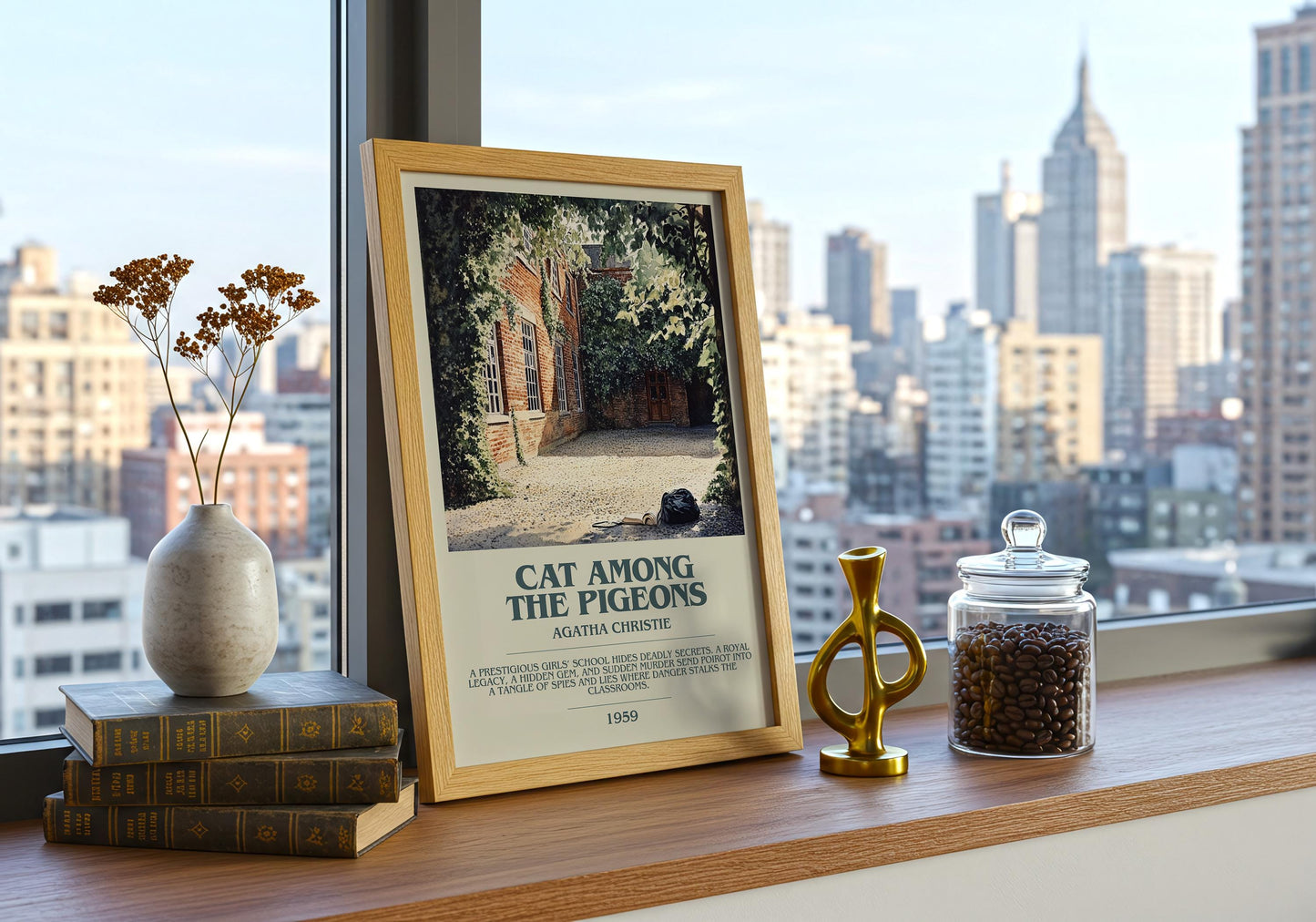 Cat Among The Pigeons by Agatha Christie Descriptive Poster Print. Free Delivery Wall Art Author & Blurb Book Artwork Novel Gift