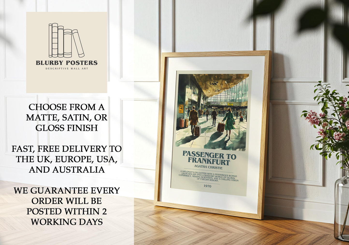 Passenger To Frankfurt by Agatha Christie Descriptive Poster Print. Free Delivery Wall Art Author & Blurb Book Artwork Novel