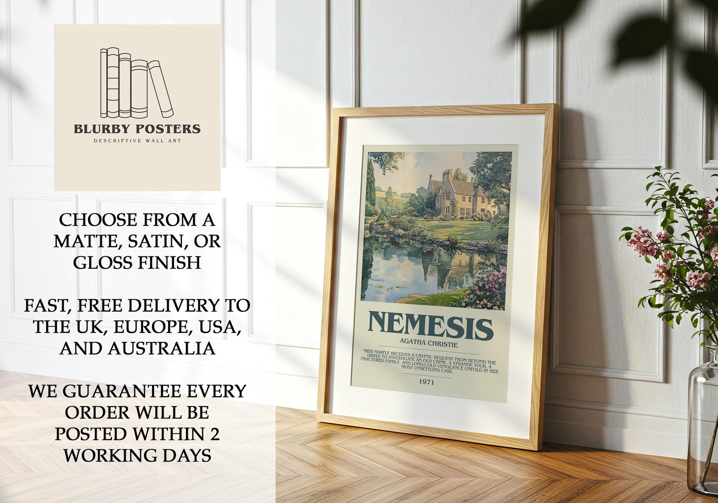 Nemesis by Agatha Christie Descriptive Poster Print. Free Delivery Wall Art Author & Blurb Book Artwork Novel