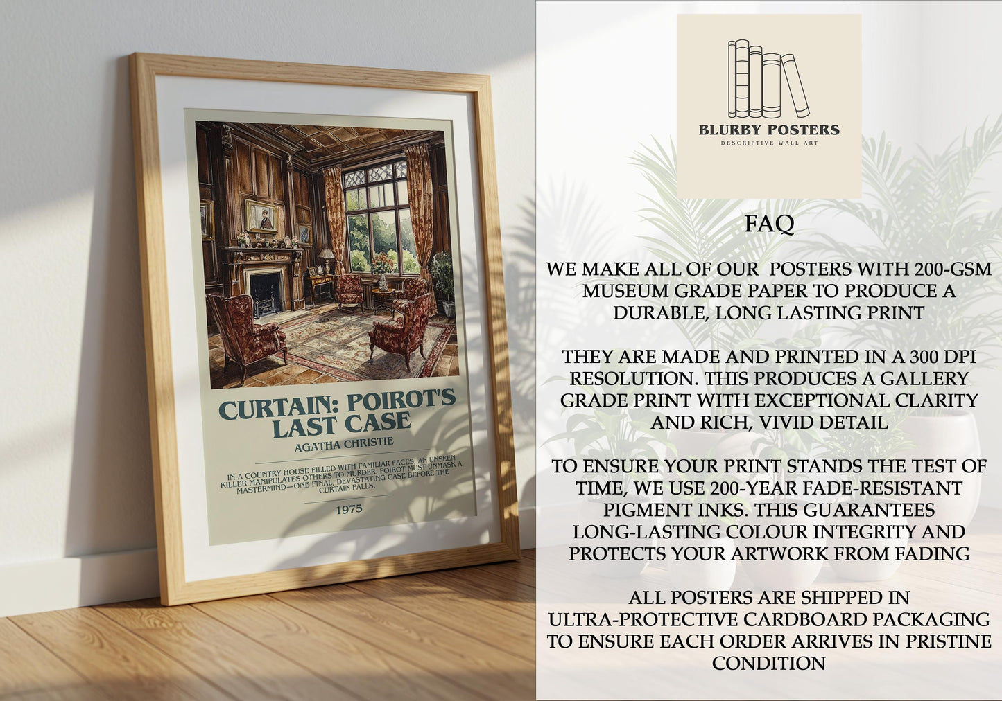 Curtain: Poirot's Last Case by Agatha Christie Descriptive Poster Print. Free Delivery Wall Art Author & Blurb Book Artwork Novel