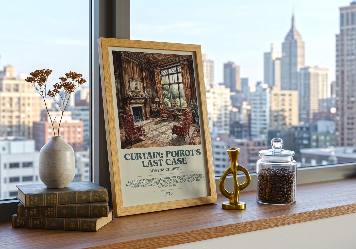Curtain: Poirot's Last Case by Agatha Christie Descriptive Poster Print. Free Delivery Wall Art Author & Blurb Book Artwork Novel