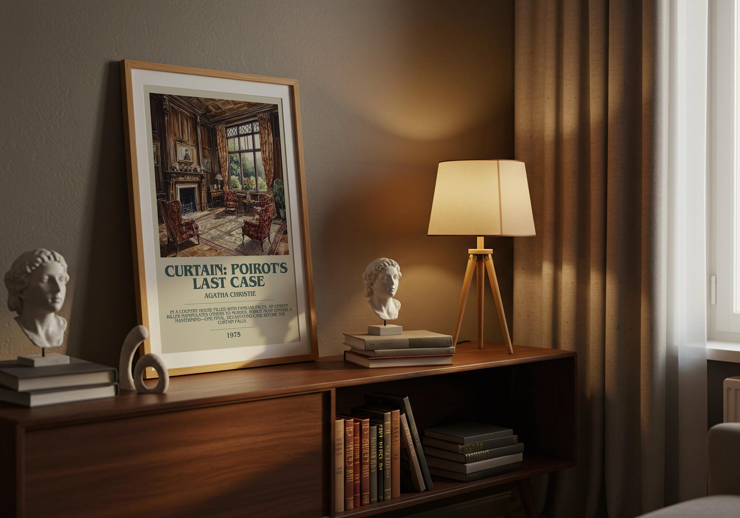 Curtain: Poirot's Last Case by Agatha Christie Descriptive Poster Print. Free Delivery Wall Art Author & Blurb Book Artwork Novel
