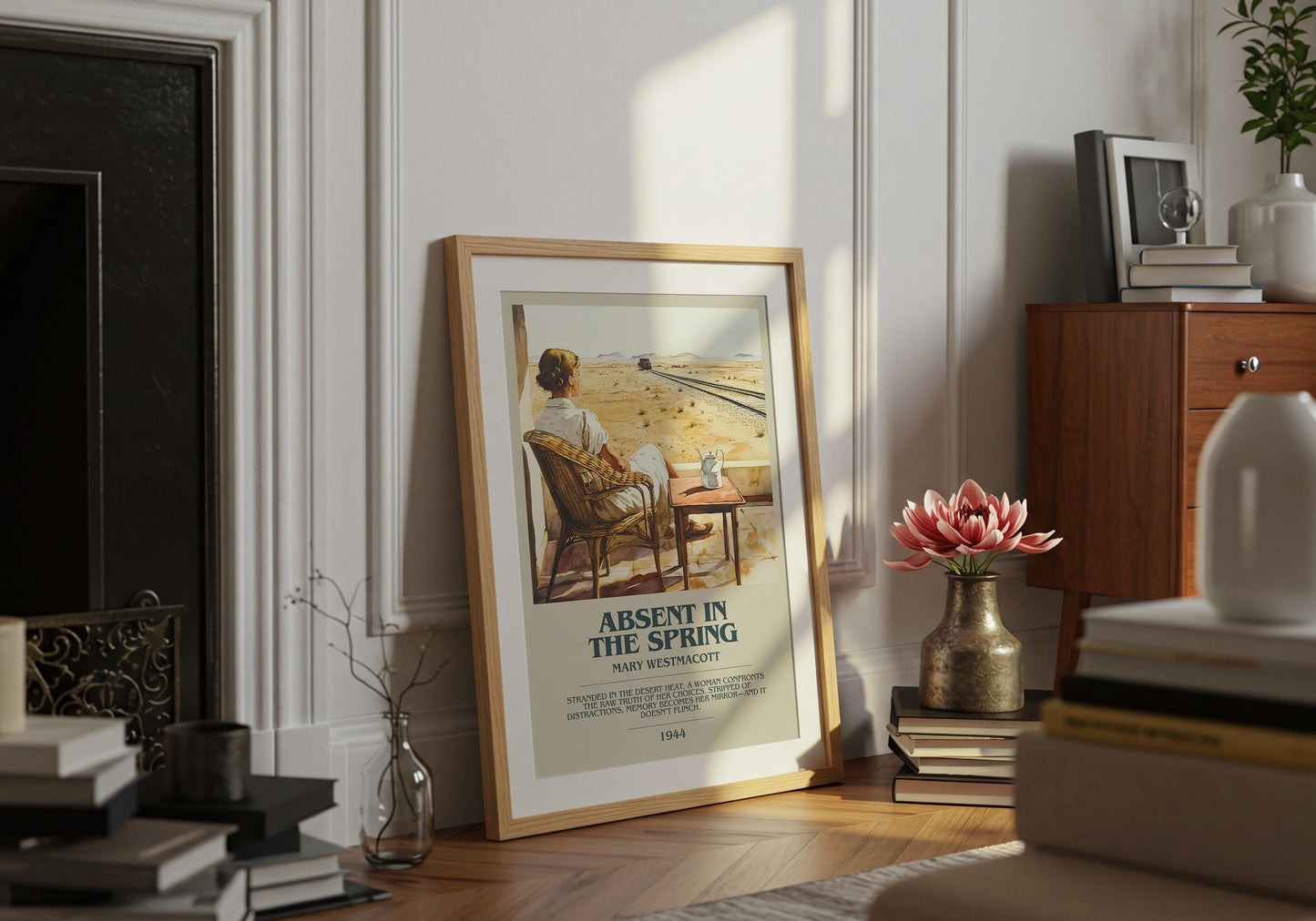 Absent In The Spring by Mary Westmacott Descriptive Poster Print. Free Delivery Wall Art Author & Blurb Book Artwork Novel