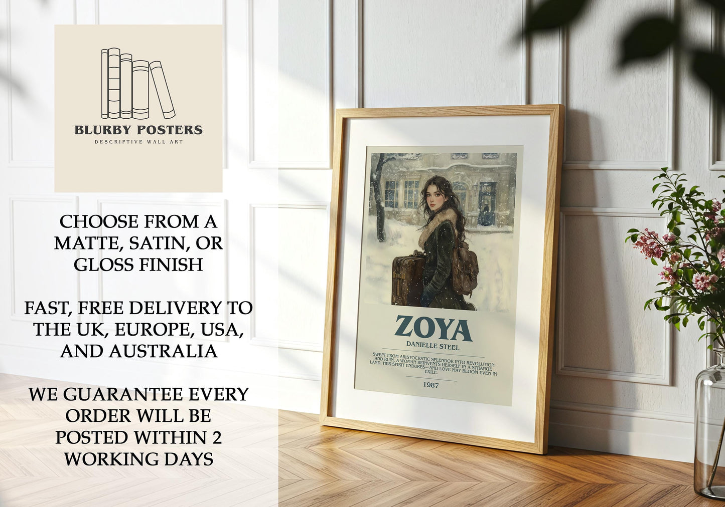 Zoya by Danielle Steel Descriptive Poster Print. Free Delivery Wall Art Author & Blurb Book Artwork Novel