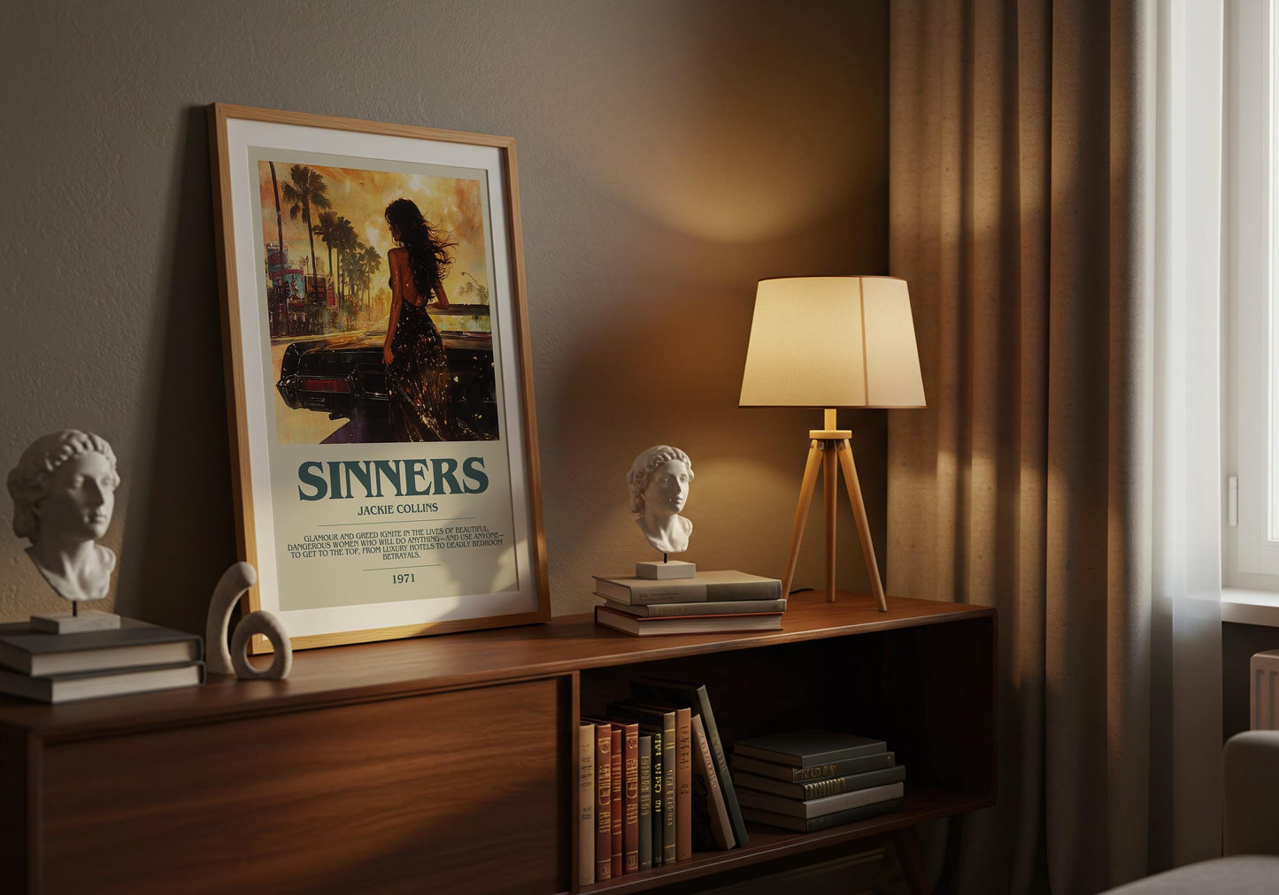 Sinners by Jackie Collins Descriptive Poster Print. Free Delivery Wall Art Author & Blurb Book Artwork Novel