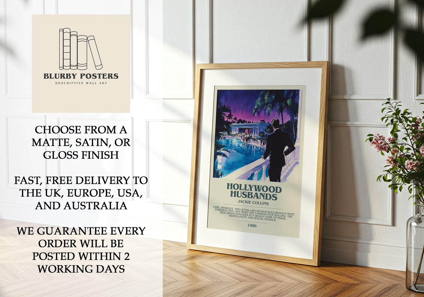 Hollywood Husbands by Jackie Collins Descriptive Poster Print. Free Delivery Wall Art Author & Blurb Book Artwork Novel