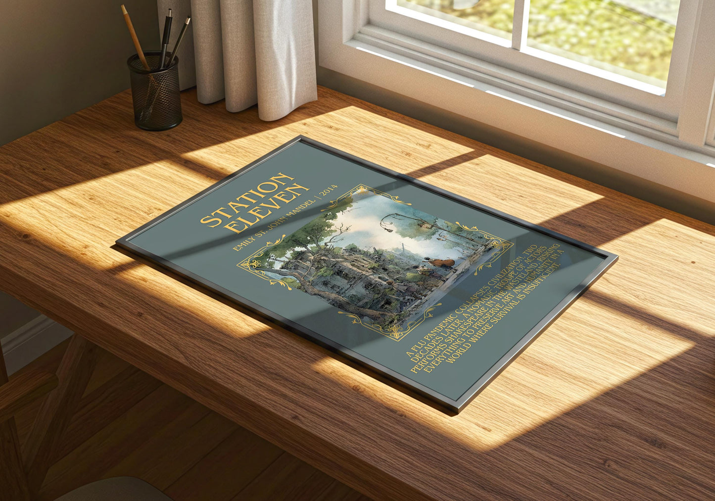 Station Eleven by Emily St. John Mandel Descriptive Poster Print.Free Delivery Wall Art Author&Blurb Book Artwork Novel Poster