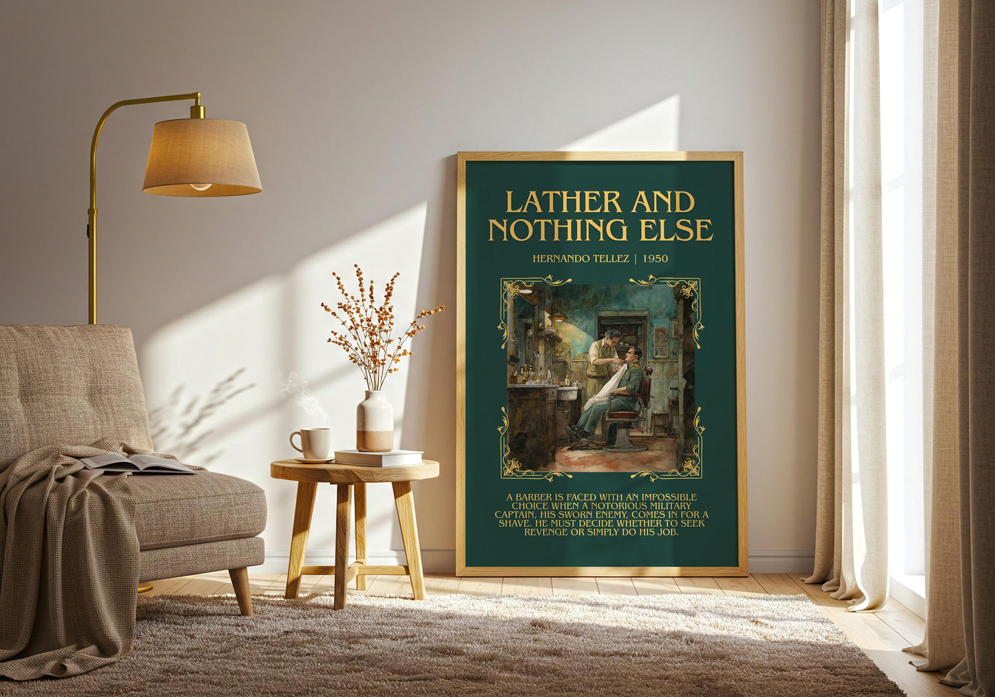 Lather And Nothing Else by Hernando Tellez Descriptive Poster Print.Free Delivery Wall Art Author&Blurb Book Artwork Novel Poster