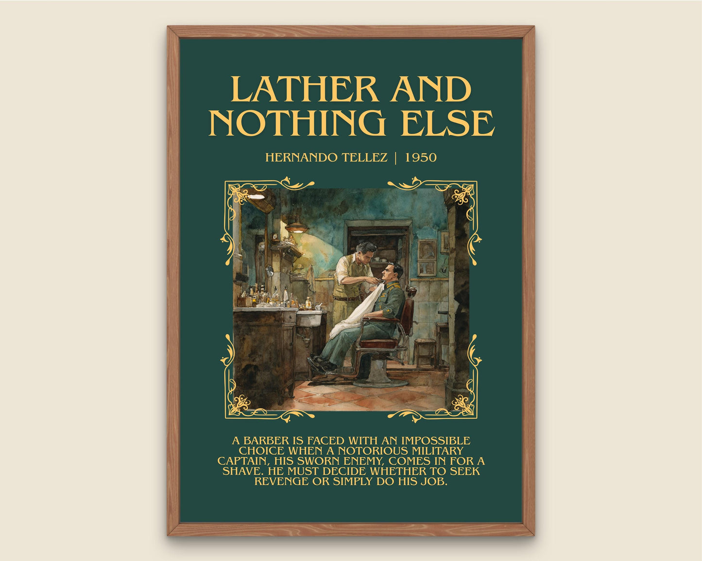 Lather And Nothing Else by Hernando Tellez Descriptive Poster Print.Free Delivery Wall Art Author&Blurb Book Artwork Novel Poster