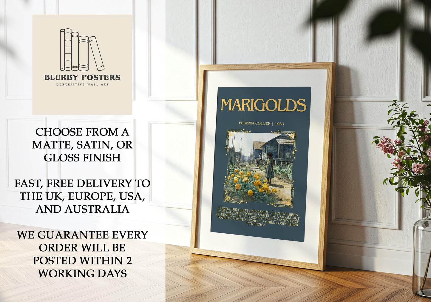 Marigolds By Eugenia Collier Descriptive Poster Print.Free Delivery Wall Art Author&Blurb Book Artwork Novel Poster