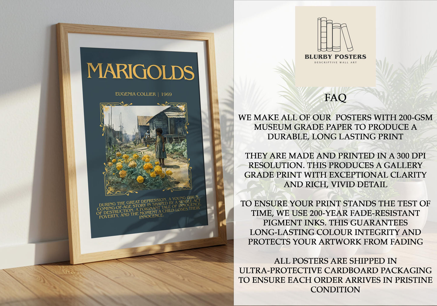 Marigolds By Eugenia Collier Descriptive Poster Print.Free Delivery Wall Art Author&Blurb Book Artwork Novel Poster