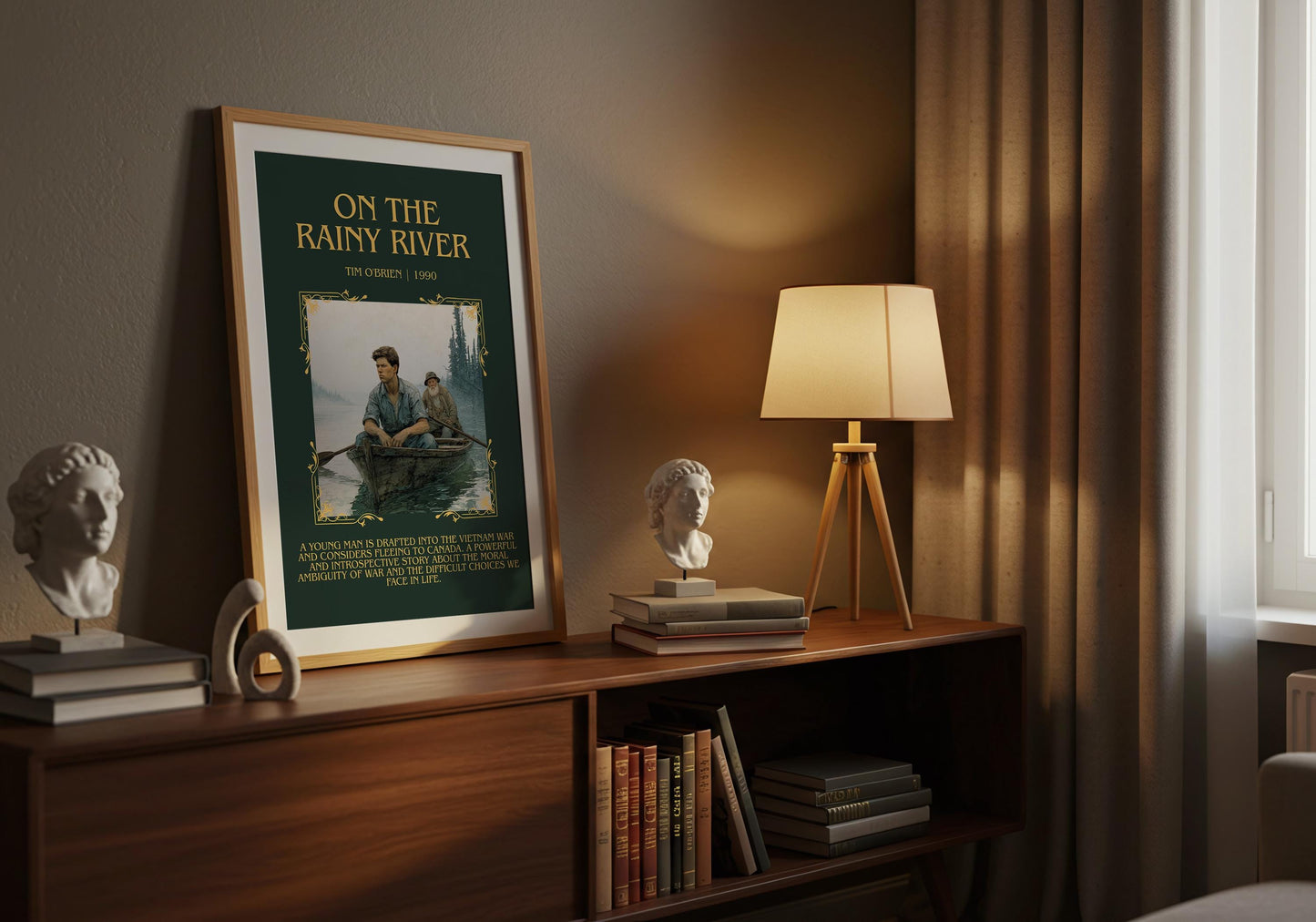 On The Rainy River by Tim O'Brien Descriptive Poster Print.Free Delivery Wall Art Author&Blurb Book Artwork Novel Poster