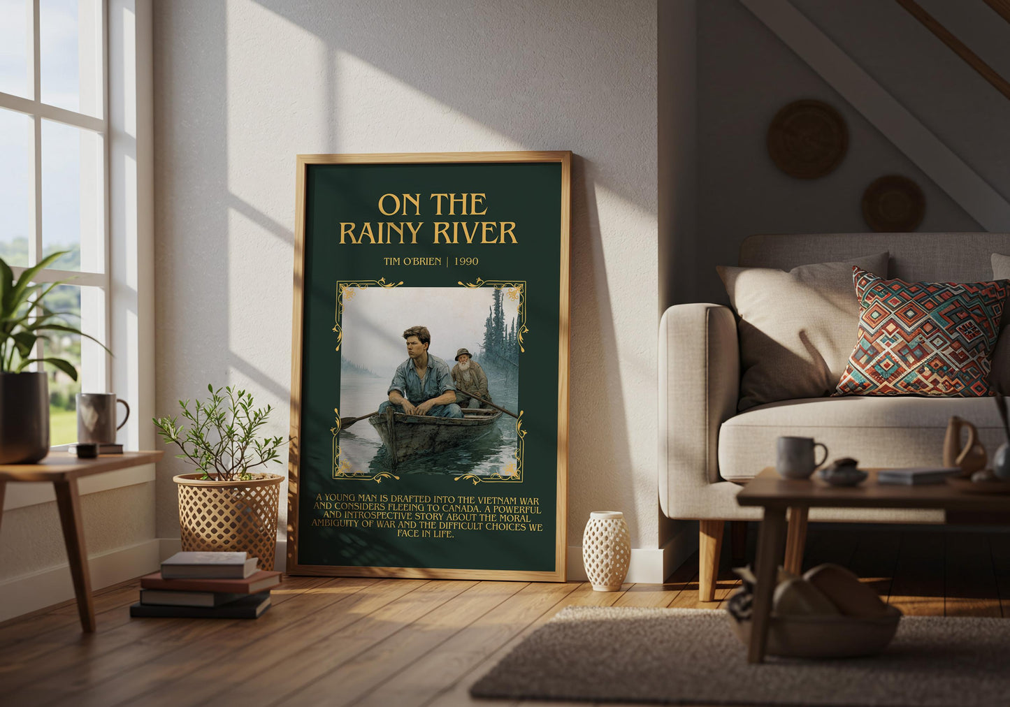 On The Rainy River by Tim O'Brien Descriptive Poster Print.Free Delivery Wall Art Author&Blurb Book Artwork Novel Poster