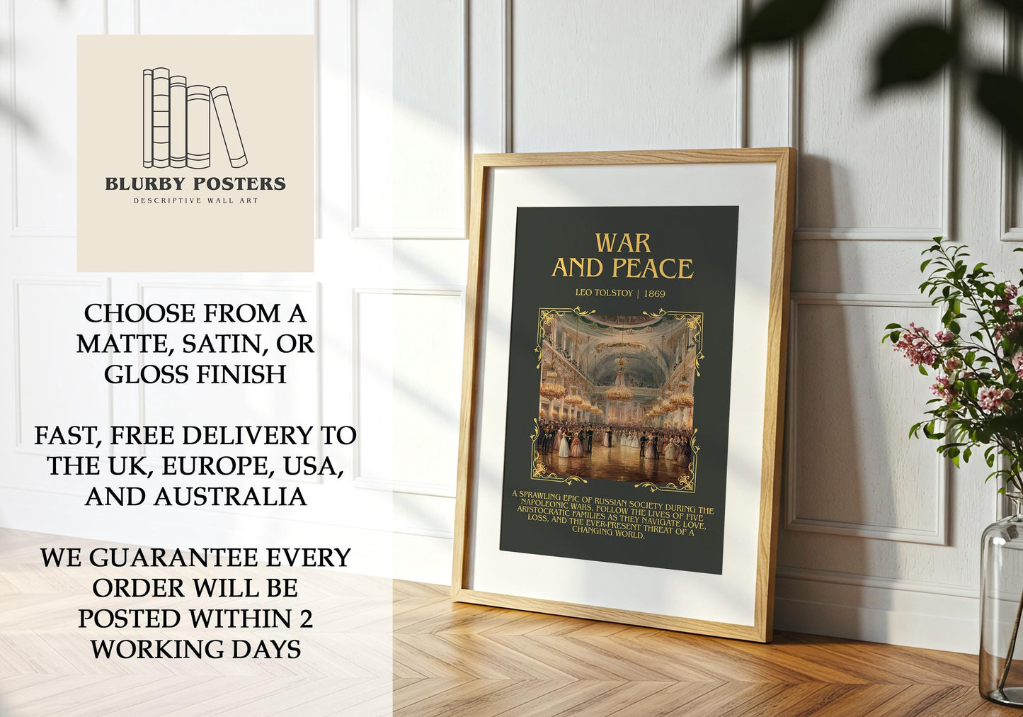 War And Peace by Leo Tolstoy Descriptive Poster Print.Free Delivery Wall Art Author&Blurb Book Artwork Novel Poster