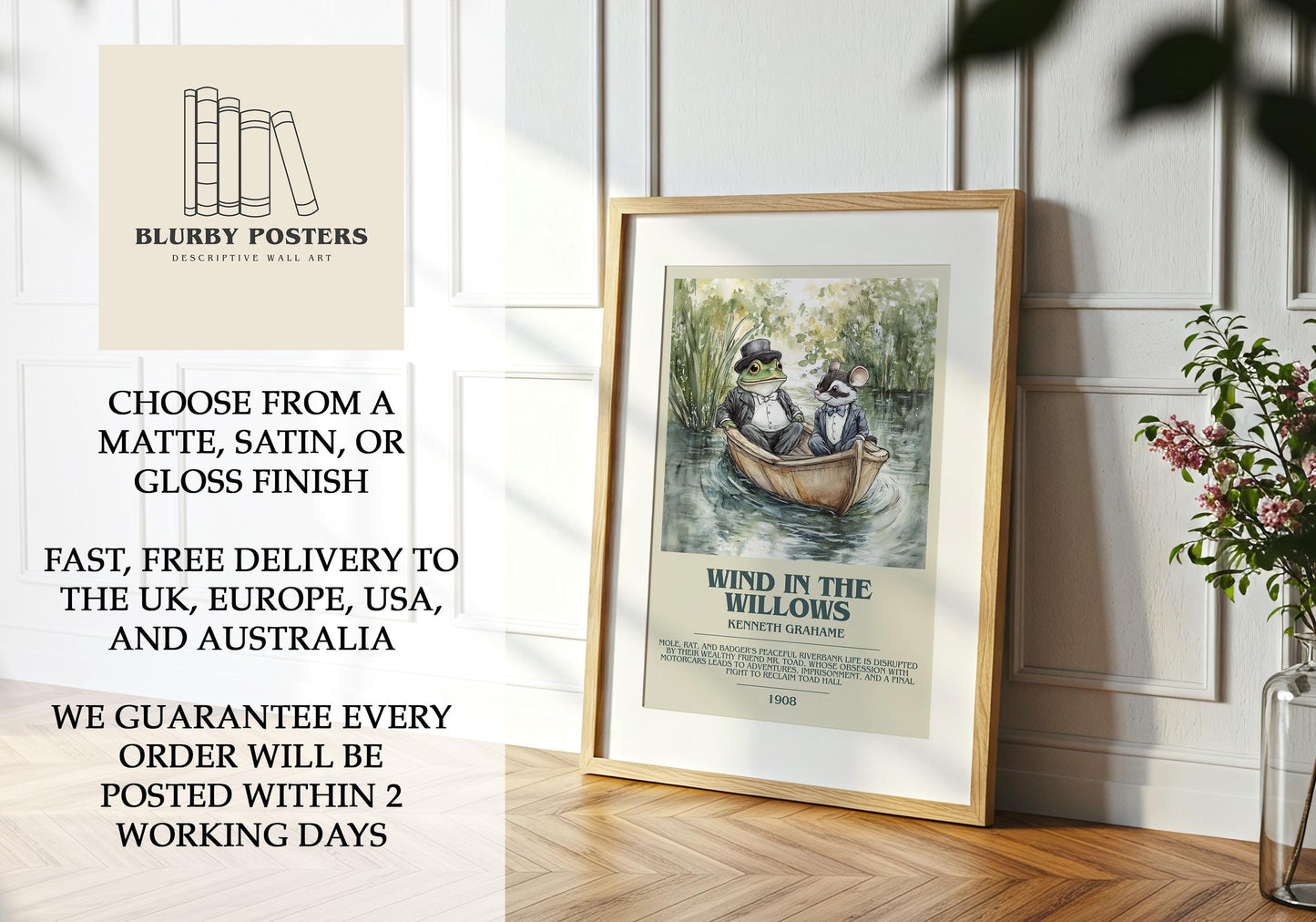 Wind in the Willows by Kenneth Grahame Descriptive Poster Print. Free Delivery Wall Art Author & Blurb Book Artwork Novel Modern Poster Gift