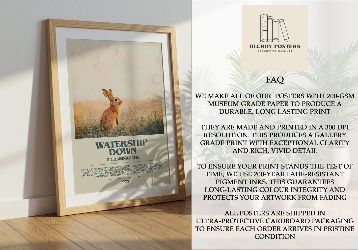 Watership Down by Richard Adams Descriptive Poster Print. Free Delivery Wall Art Author & Blurb Book Artwork Novel Modern Poster Gift