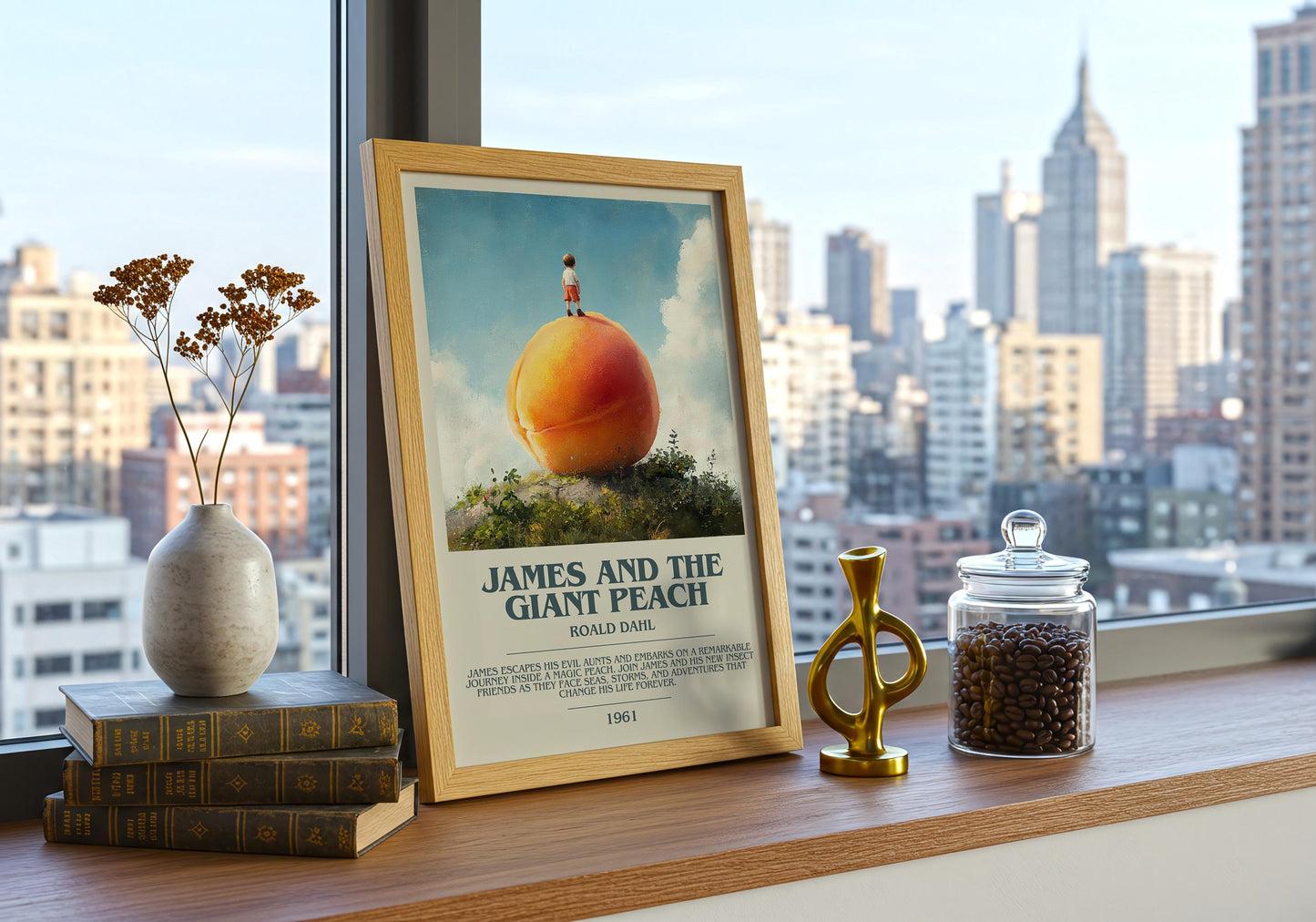 James and the Giant Peach by Roald Dahl Descriptive Poster Print. Free Delivery Wall Art Author & Blurb Book Artwork Novel Modern Poster