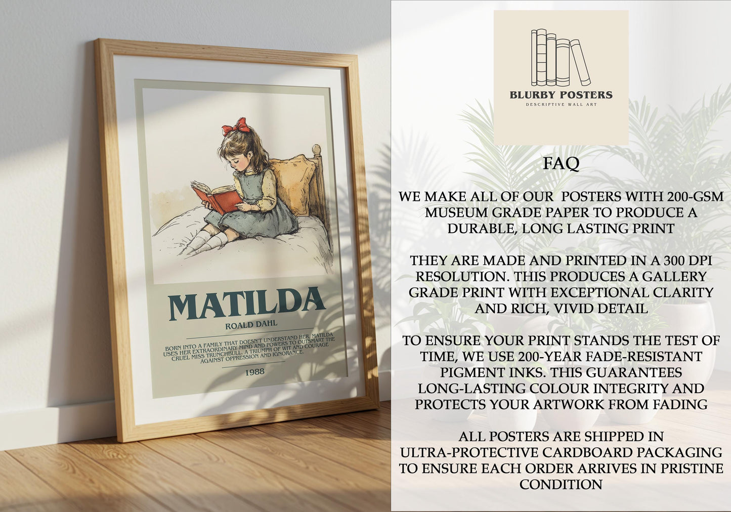 Matilda by Roald Dahl Descriptive Poster Print. Free Delivery Wall Art Author & Blurb Book Artwork Novel Modern Poster Gift