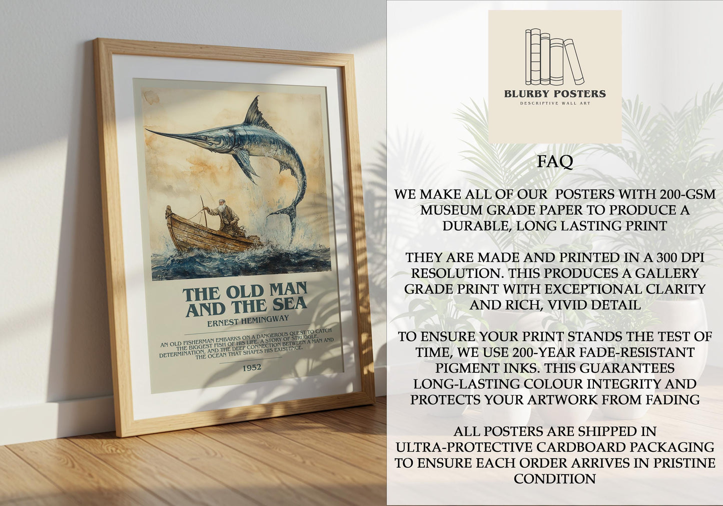 The Old Man And The Sea by Ernest Hemingway Descriptive Poster Print. Free Delivery Wall Art Author & Blurb Book Artwork Novel Modern Poster