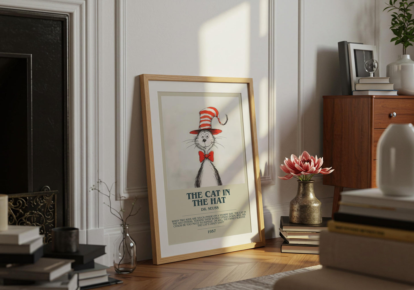 The Cat In The Hat by Dr. Seuss Descriptive Poster Print. Free Delivery Wall Art Author & Blurb Book Artwork Novel Modern Poster