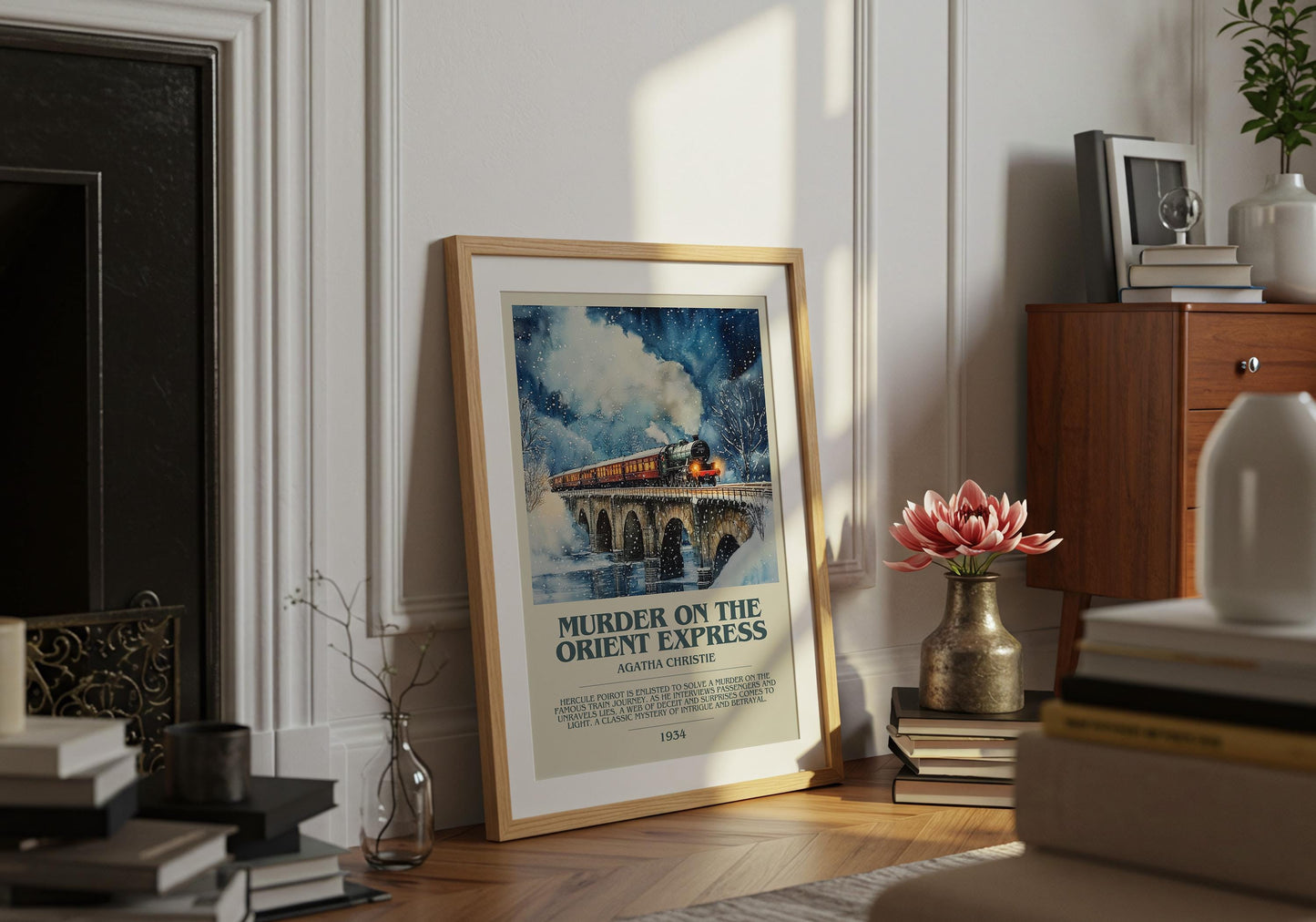 Murder On The Orient Express by Agatha Christie Descriptive Poster Print. Free Delivery Wall Art Author & Blurb Book Artwork Novel Modern