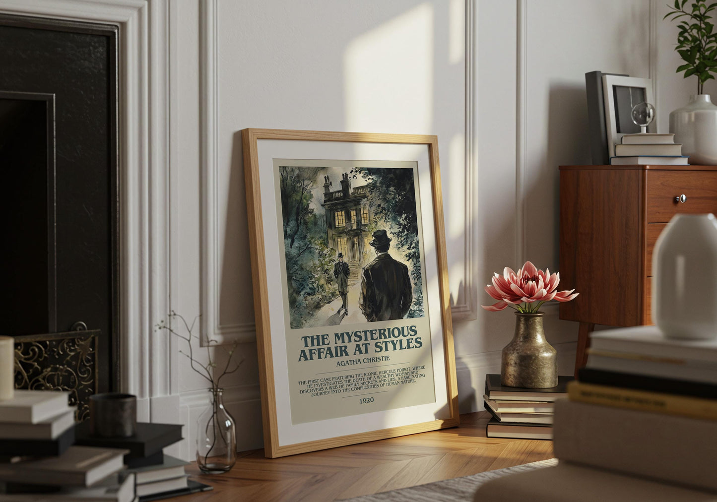 The Mysterious Affair At Styles by Agatha Christie Descriptive Poster Print. Free Delivery Wall Art Author & Blurb Book Artwork Novel Modern