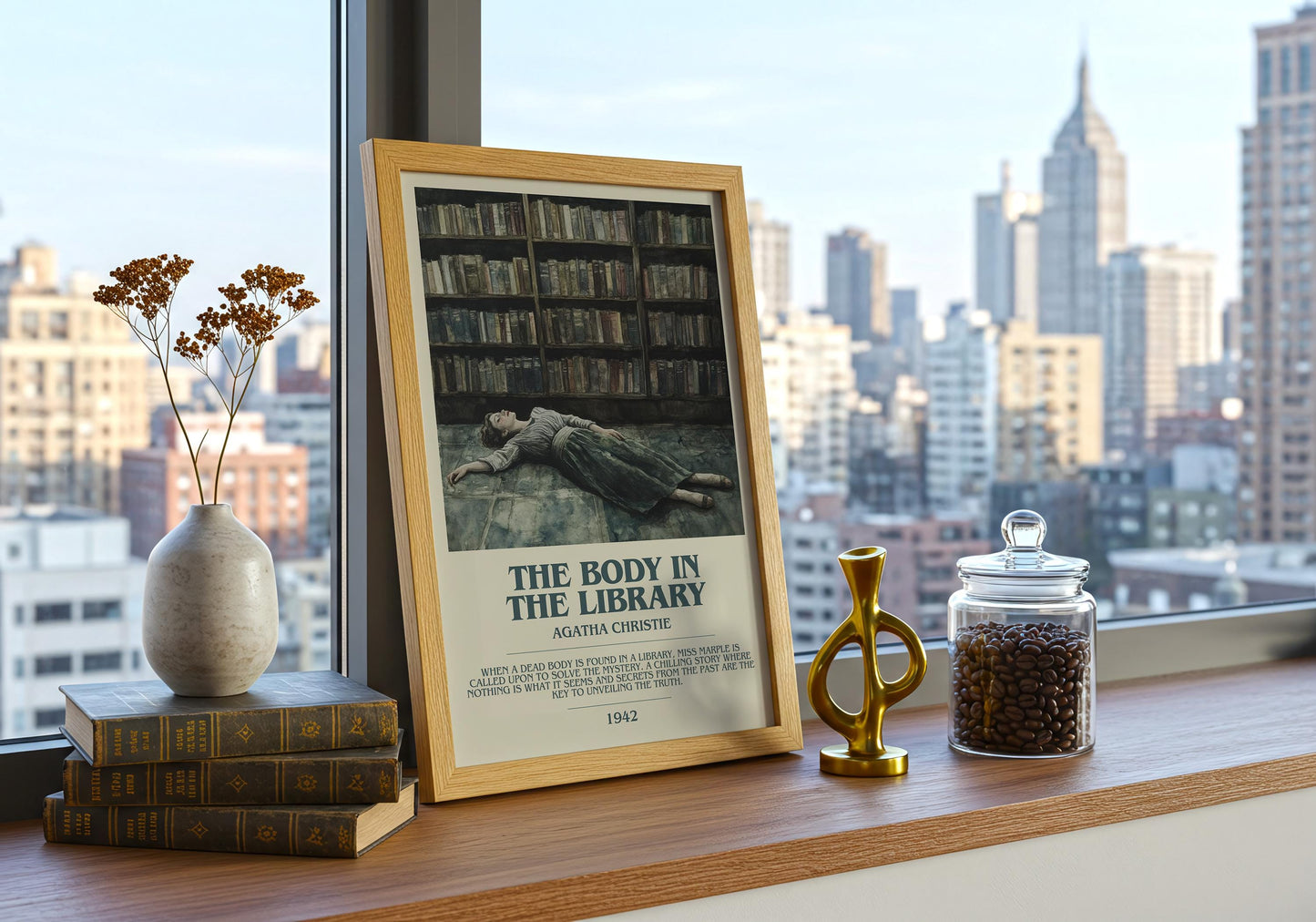 The Body In The Library by Agatha Christie Descriptive Poster Print. Free Delivery Wall Art Author & Blurb Book Artwork Novel Modern
