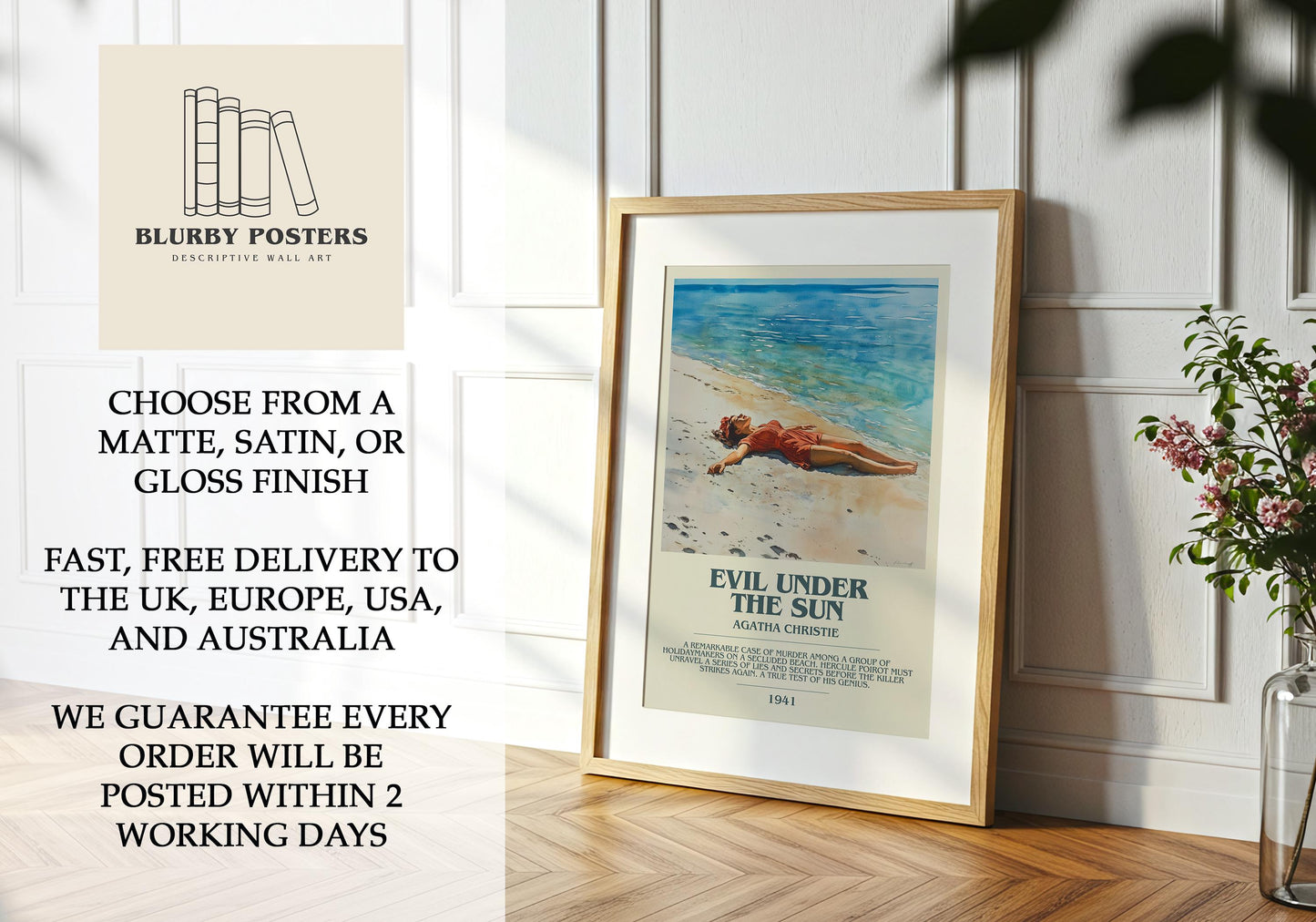 Evil Under The Sun by Agatha Christie Descriptive Poster Print. Free Delivery Wall Art Author & Blurb Book Artwork Novel Modern