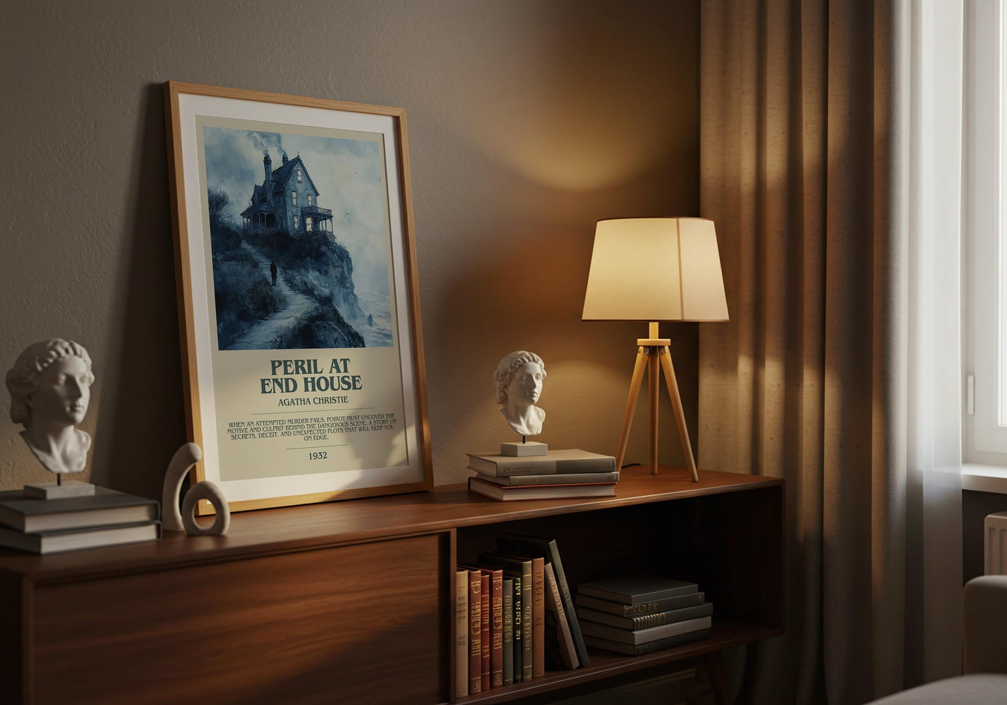 Peril At End House by Agatha Christie Descriptive Poster Print. Free Delivery Wall Art Author & Blurb Book Artwork Novel Modern Gift