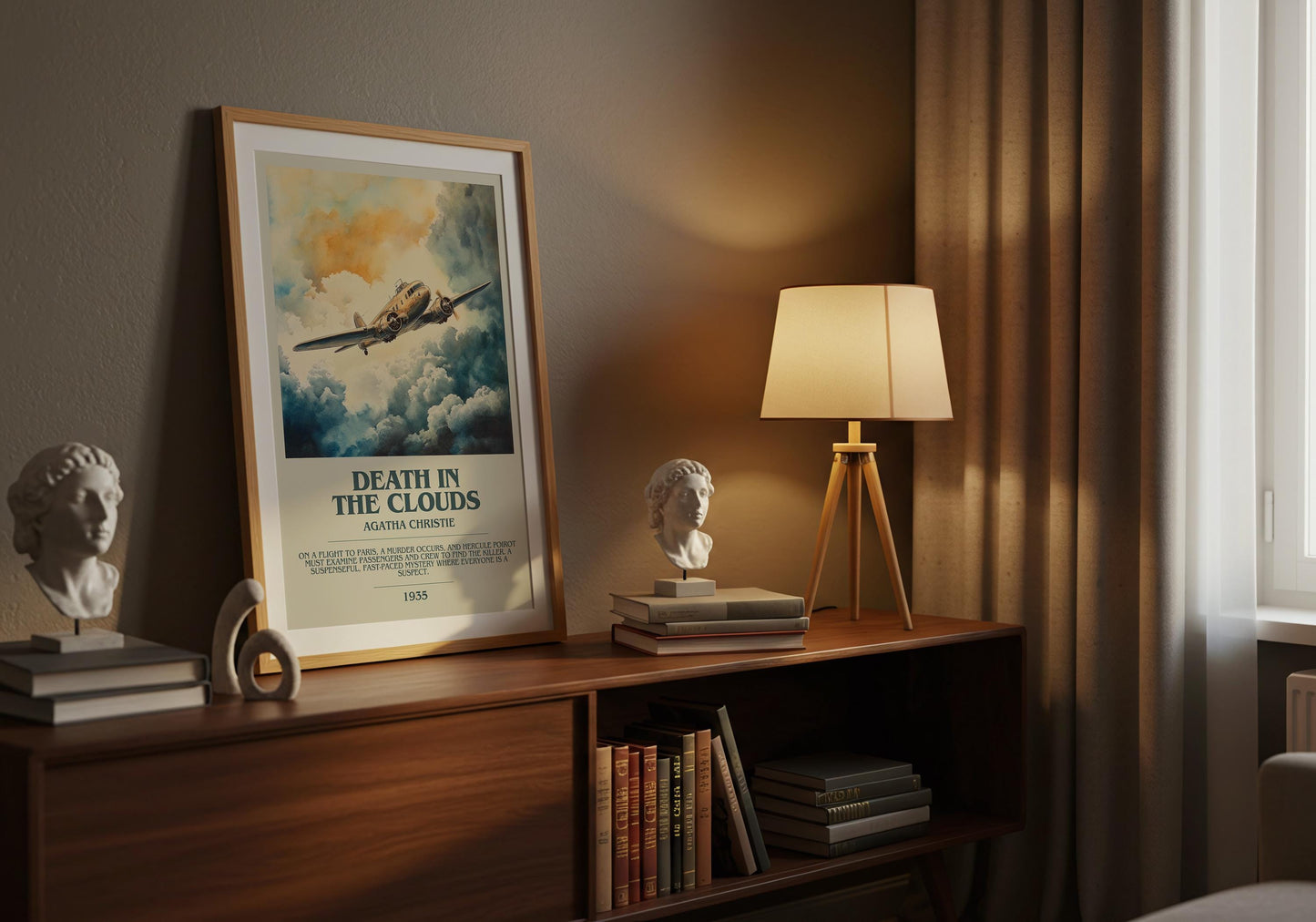 Death In The Clouds by Agatha Christie Descriptive Poster Print. Free Delivery Wall Art Author & Blurb Book Artwork Novel Modern Gift