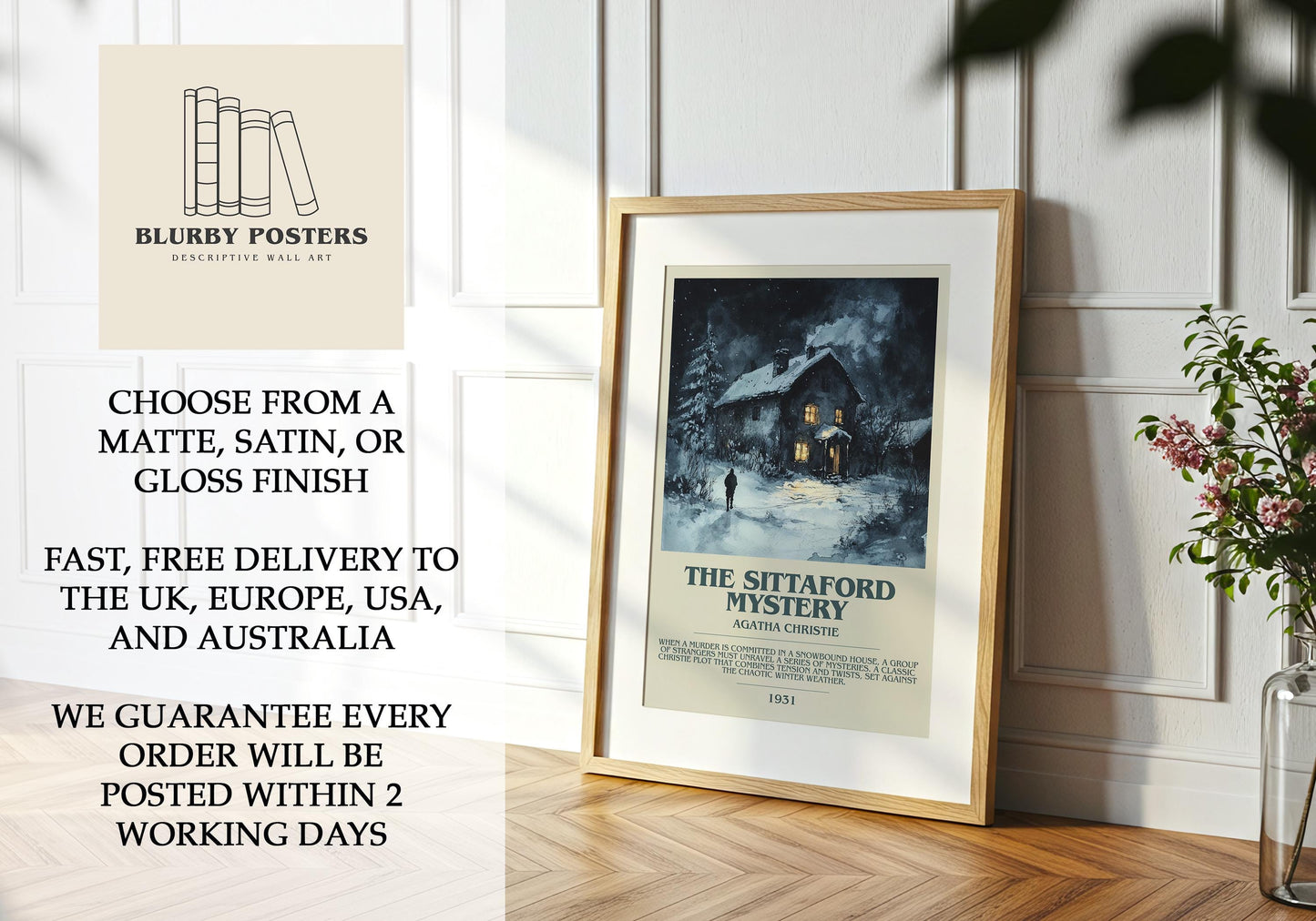 The Sittaford Mystery by Agatha Christie Descriptive Poster Print. Free Delivery Wall Art Author & Blurb Book Artwork Novel Modern Gift