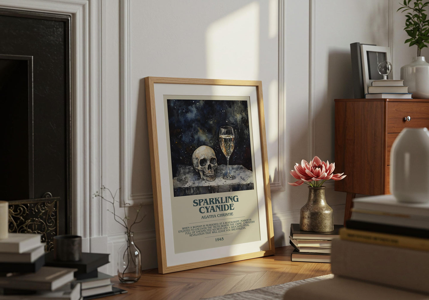 Sparkling Cyanide by Agatha Christie Descriptive Poster Print. Free Delivery Wall Art Author & Blurb Book Artwork Novel Modern Gift