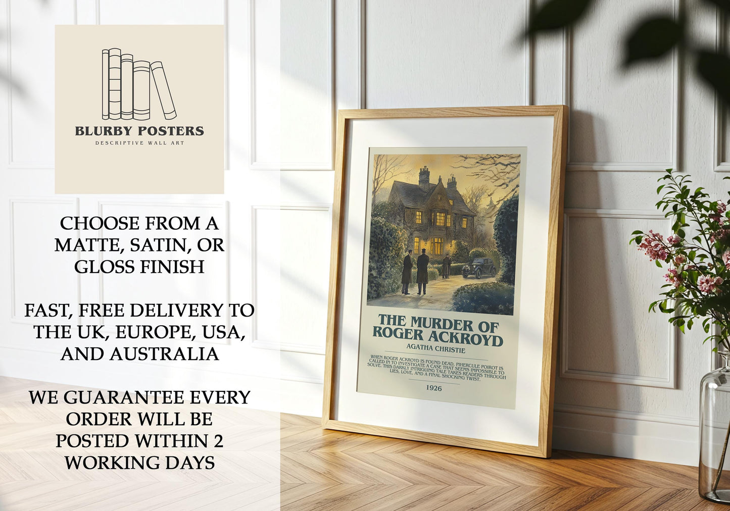 The Murder Of Roger Ackroyd by Agatha Christie Descriptive Poster Print. Free Delivery Wall Art Author & Blurb Book Artwork Novel Modern