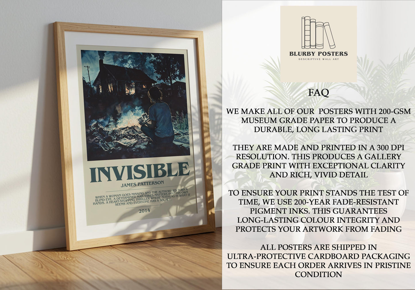 Invisible by James Patterson Descriptive Poster Print. Free Delivery Wall Art Author & Blurb Book Artwork Novel Modern