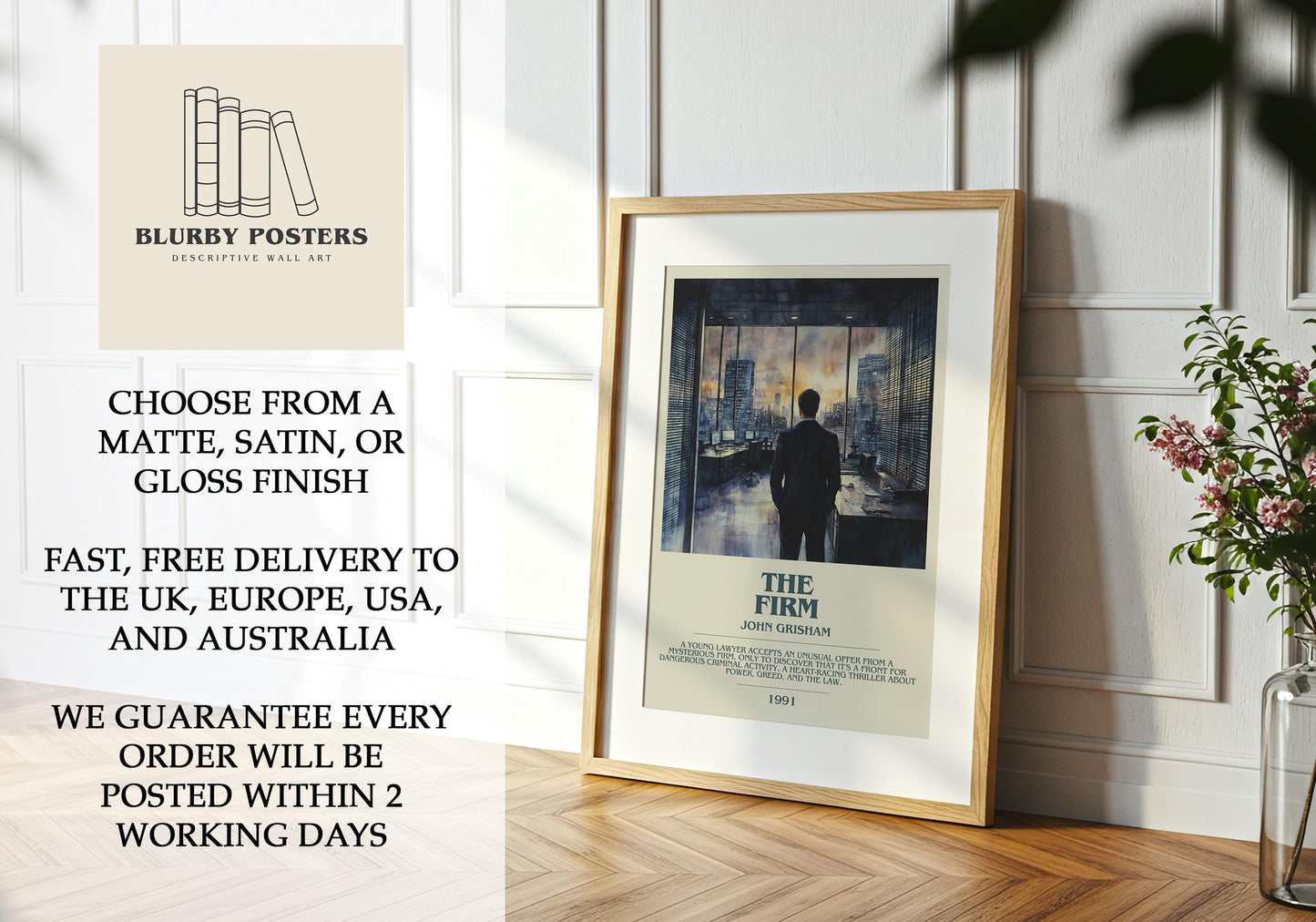 The Firm by John Grisham Descriptive Poster Print. Free Delivery Wall Art Author & Blurb Book Artwork Novel Modern