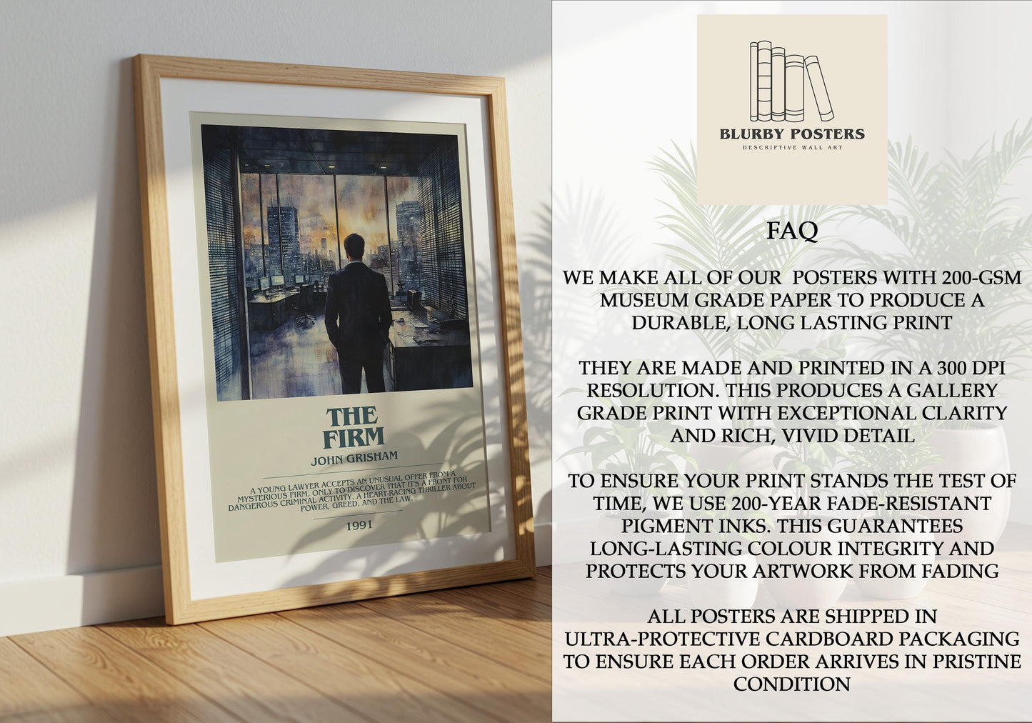 The Firm by John Grisham Descriptive Poster Print. Free Delivery Wall Art Author & Blurb Book Artwork Novel Modern
