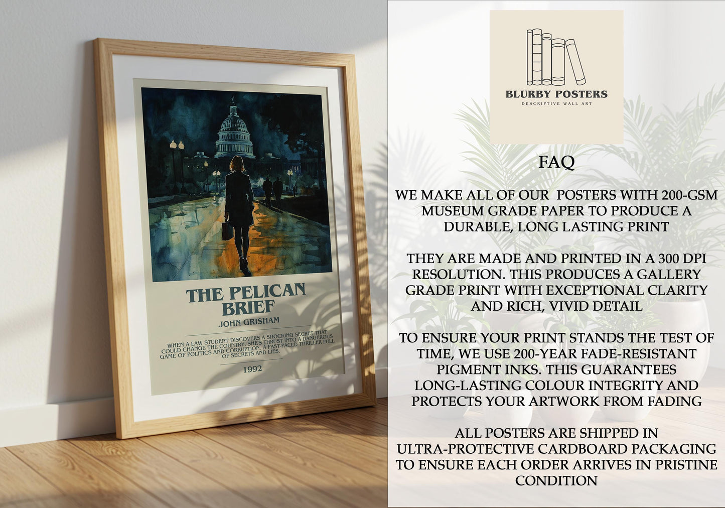 The Pelican Brief by John Grisham Descriptive Poster Print. Free Delivery Wall Art Author & Blurb Book Artwork Novel Modern