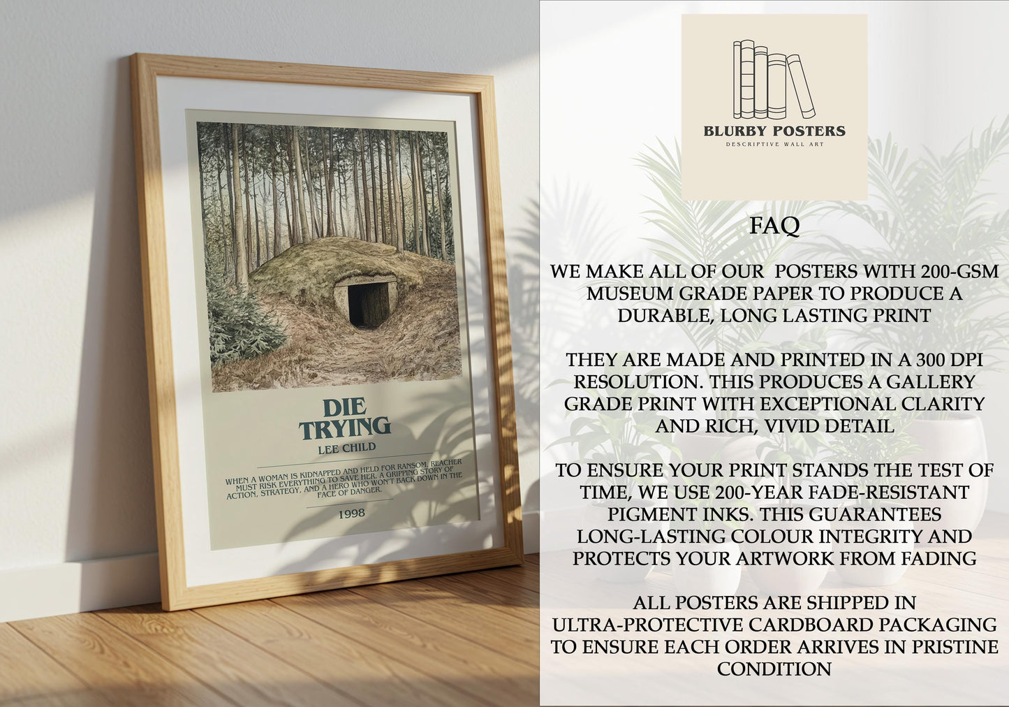 Die Trying by Lee Child Descriptive Poster Print. Free Delivery Wall Art Author & Blurb Book Artwork Novel Modern Gift