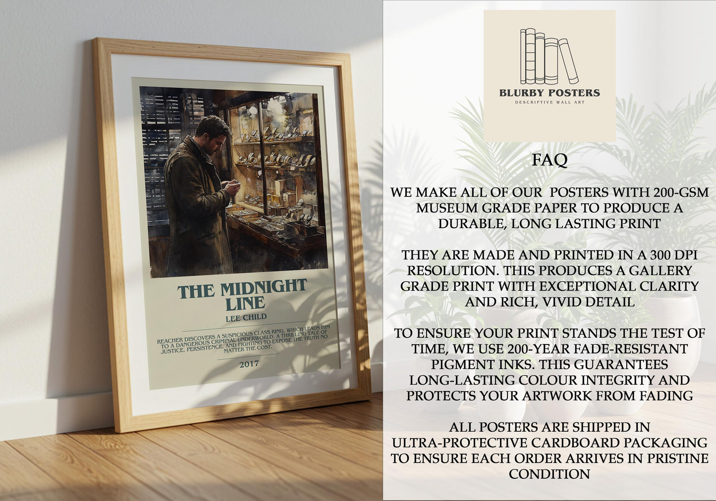 The Midnight Line by Lee Child Descriptive Poster Print. Free Delivery Wall Art Author & Blurb Book Artwork Novel Modern Gift